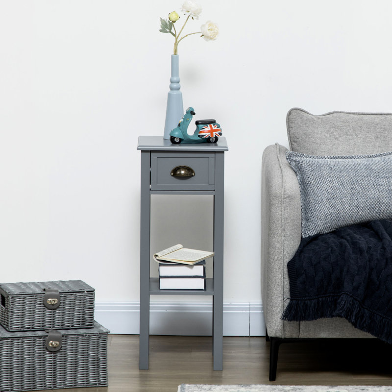 2 tables d'appoint avec tiroir, extrémité étroite grise pour le salon et la chambre à coucher. Range les magazines, les livres, les plantes et les photos en toute sécurité. Conception élégante, construction stable, mécanisme de chute. La tablette supérieure haute prévient les dommages.