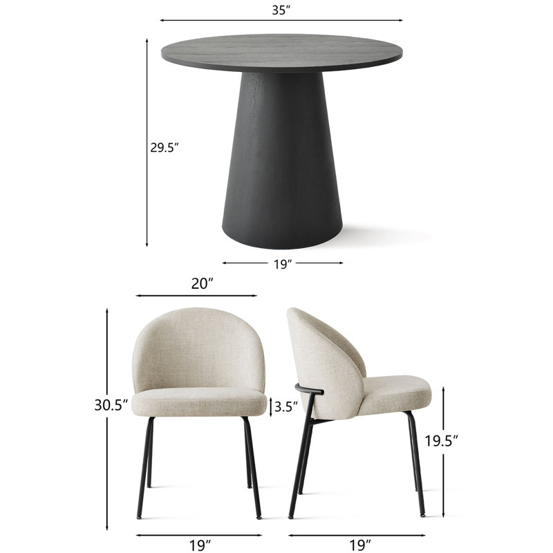5-Piece Round Dining Table Set For 4 With Black Pedestal Table And 4 Upholstered Chairs, Oatmeal