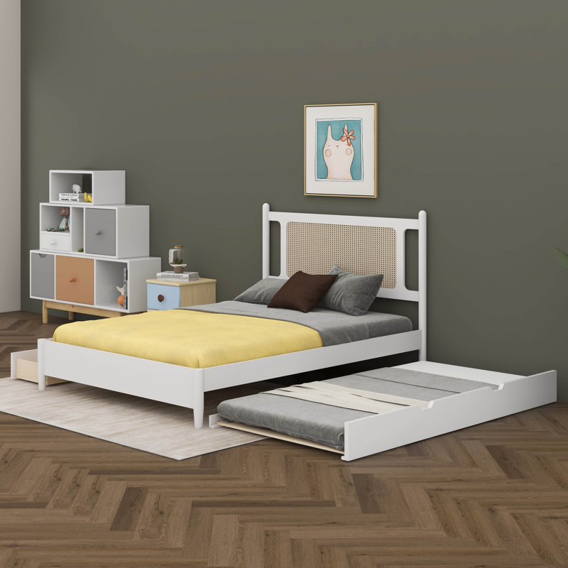  Grand lit plateforme en rotin Nanango avec 2 grands tiroirs et un lit gigogne en bois, Blanc