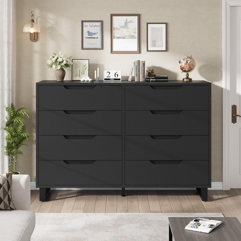 Industrial 8-Drawer Storage Cabinet, 55-Inch Wide Black Horizontal Organizer, Heavy-Duty Freestanding Unit for Living Room, Hallway or Entryway