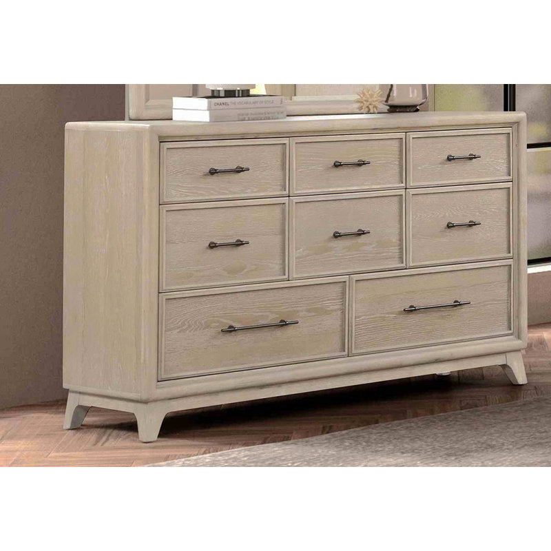 Commode à huit tiroirs en chêne avec miroir en bois d'hévéa massif