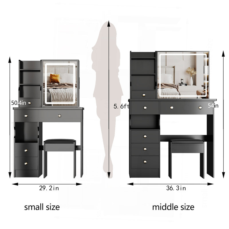 29.2" Small Size Left Drawer Desktop Vanity Table + Cushioned Stool, Large Sliding, Touch Control, Tri-Color Switching, Brightness Adjust LED Mirror, High Capacity Storage, Suitable For Small Space