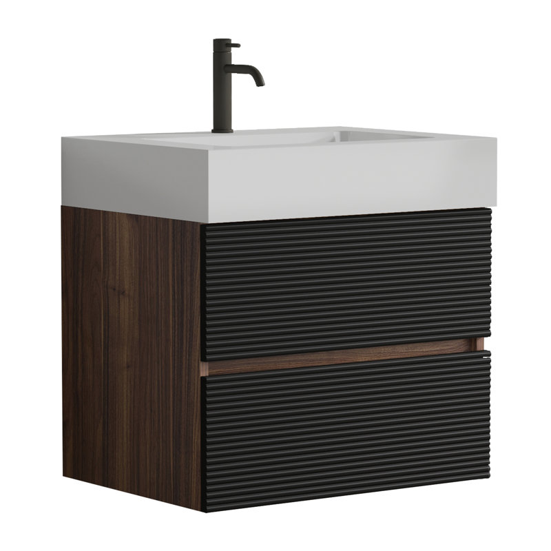 Meuble-lavabo de salle de bain, lavabo à quartz mural de 24 po, lavabo à quartz d'ingénierie, tiroirs doubles, conception de style Mid-Century, planches de classe E1, laque E0, poignée cachée pour les personnes âgées avec panneaux noirs, fermeture à 50000