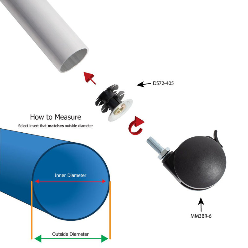 Roulette de frein pivotante noire 2 po pour meuble rond 1-1 / 4 po