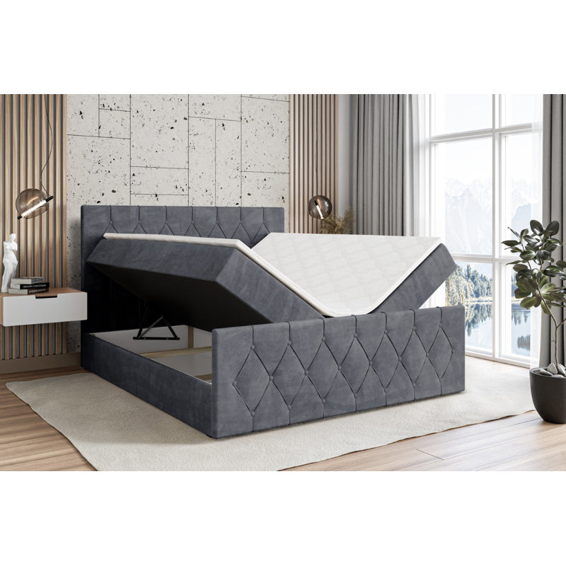 Sabna Bed with Mattress, 200 x 200cm, Dark Grey