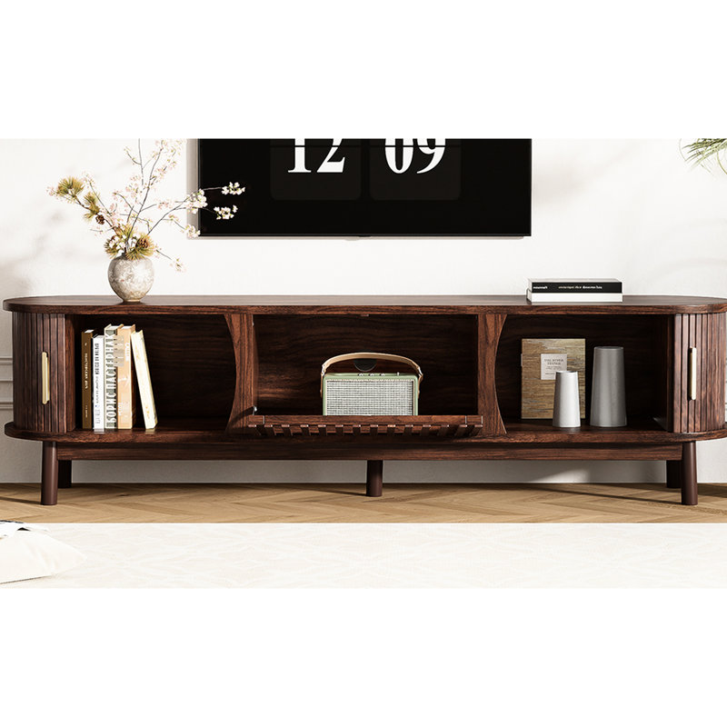 Meuble télé de 75 po, plateau de table lisse, compartiments multifonctionnels et adaptable à toute console intérieure, fabrication en bois de pin, portes coulissantes, rangement pratique