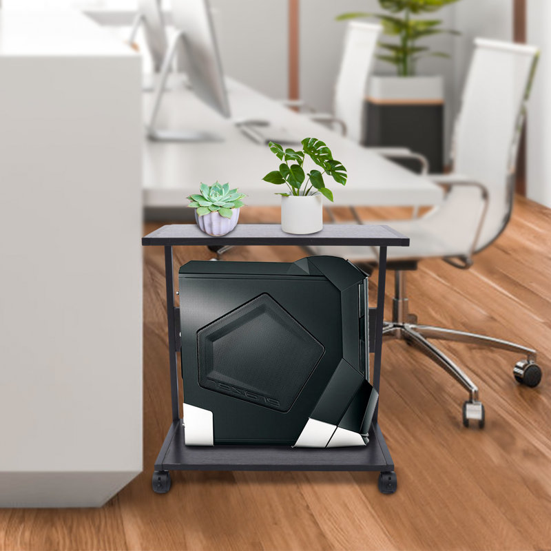 2-Tier CPU Stand Black Computer Tower Cart Mobile PC Holder with Wheels for Most Desktop CPU