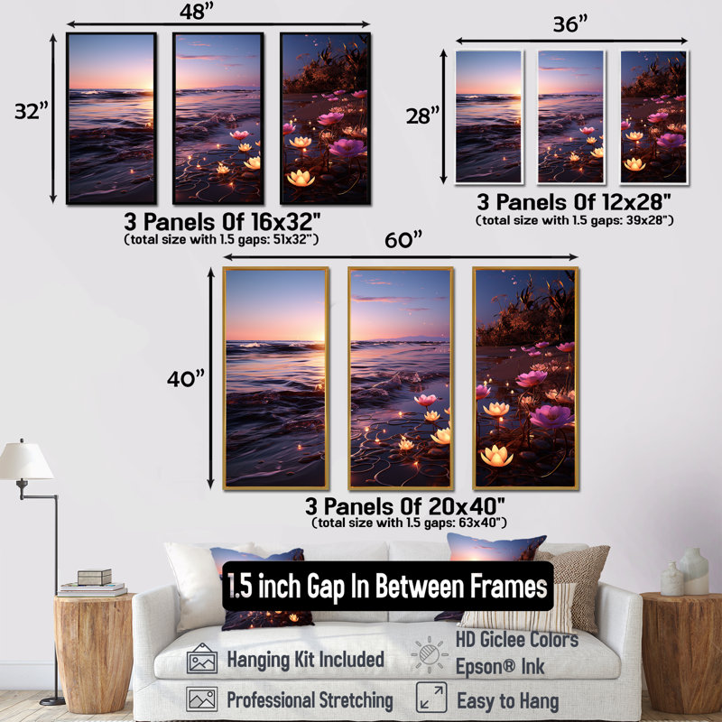 Coucher de soleil floral sur la plage Flourish III - art mural plage, Cadre flottant doré, H 32 po x l 48 po