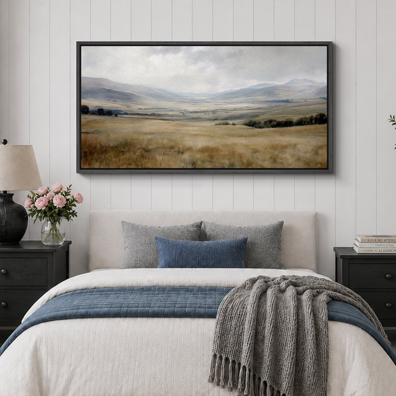 «Rustic Green Tan Prairie Field», vaste paysage mural, estampe numérique sur toile, art numérique encadré très grand