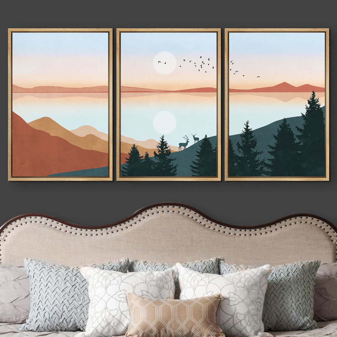 Sun Mountain Landscape " Pastel Sunset Horizon Mountain " 3 - Pieces IDEA4WALL 