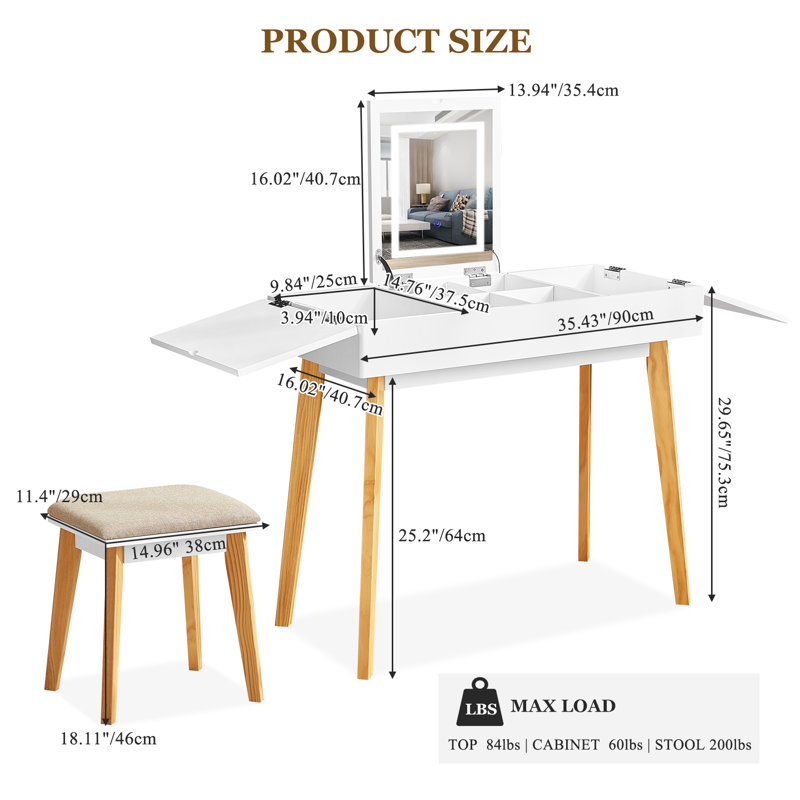 Naiyeli Modern Makeup Vanity Desk Set with Flip up Mirror & 3 LED Light, Writing Desk with Power Outlet, Bedroom Makeup Table with Cushioned Stool Kid Gift