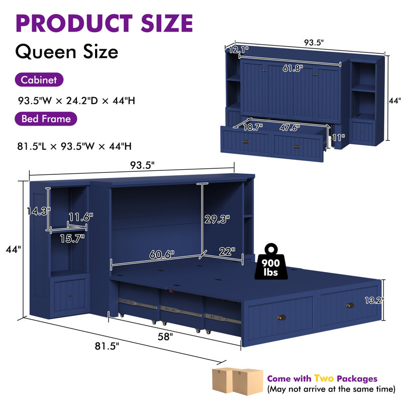 Wilkinson Farmhouse Queen Murphy Bed with Bedside Tables, 3 Storage Drawers & Charging Station, Navy, Queen, Navy