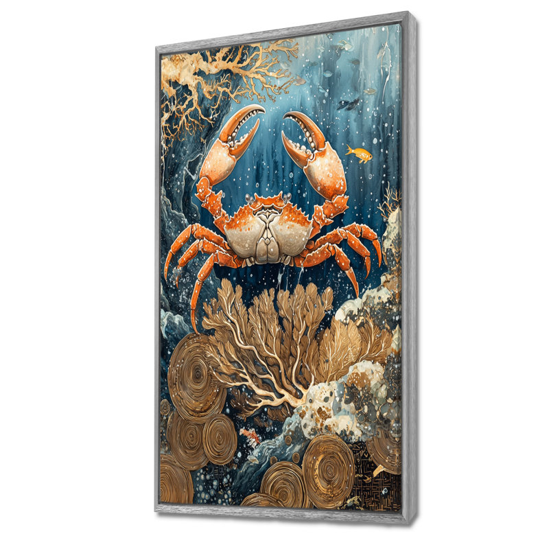 «Aulene Aquarium Blue and White with Large Crab III», reproduction d'art sur toile encadrée, H 60 po x l 28 po, Argent argent