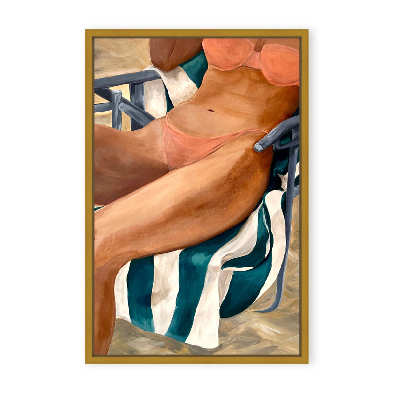 Coastal Retreat Riviera Retreat: Woman Lounging On Beach Towel And Chair, 40" H x 30" W x 1.125" D, White, Framed Print