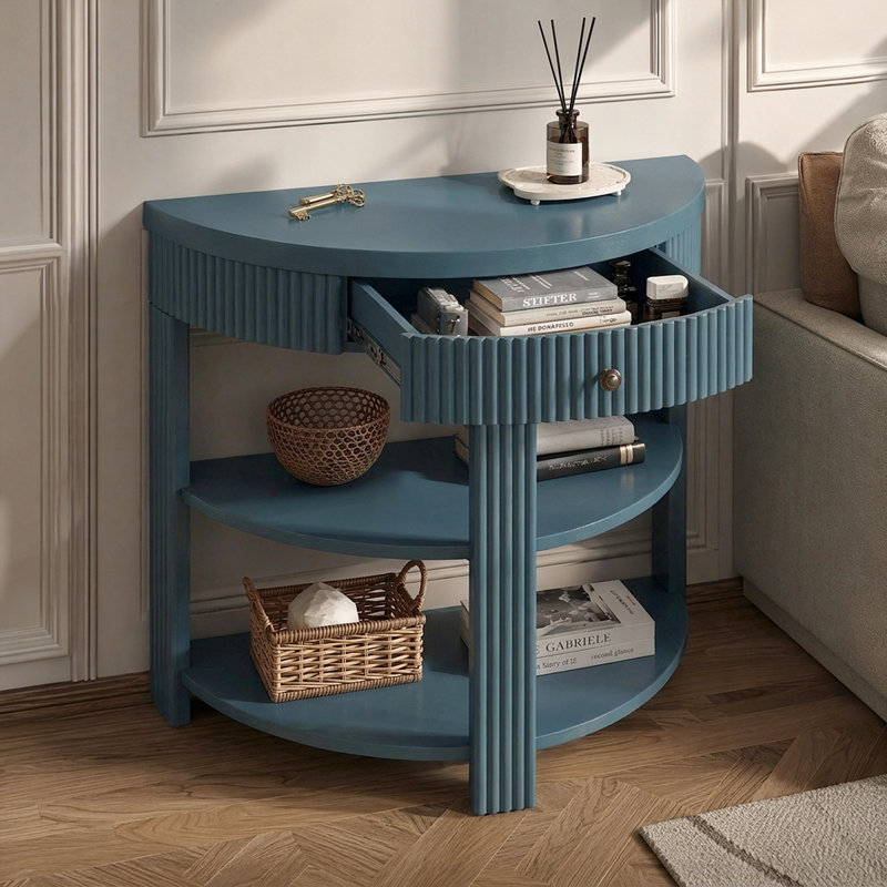 Console décorative - Design en demi-lune cannelée avec tiroir et 2 tablettes ouvertes, Marine, Marine, Marine
