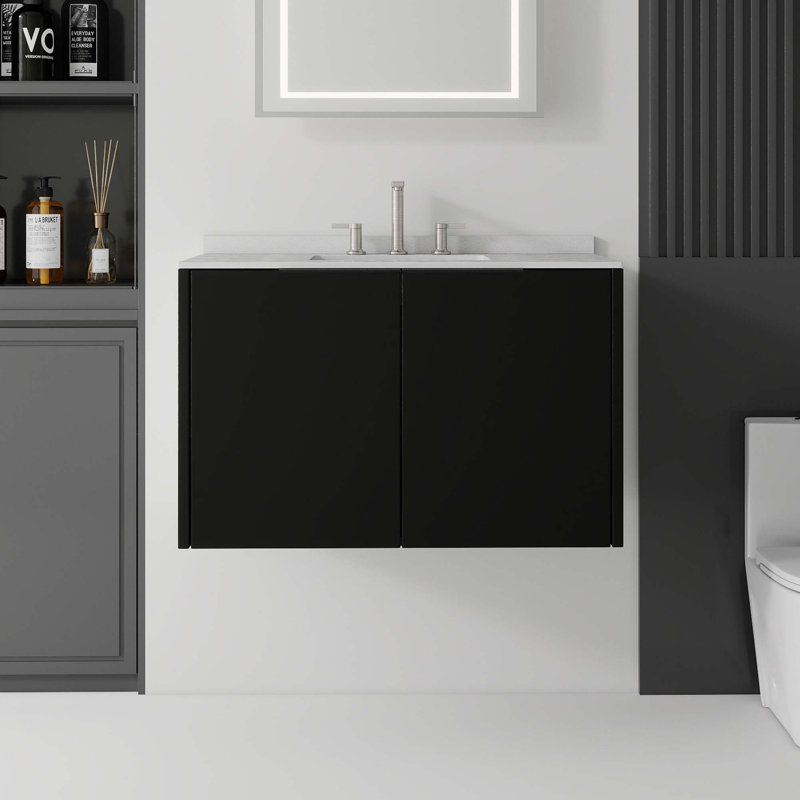 Meuble-lavabo flottant avec lavabo à débordement, portes à fermeture en douceur et comptoir en marbre de culture, Noir