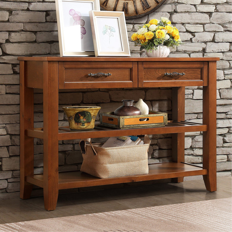 Console Sofa Table with 2 Storage Drawers and 2 Tiers Shelves, Mid-Century Style 42'' Solid Wood Buffet Sideboard, Brown