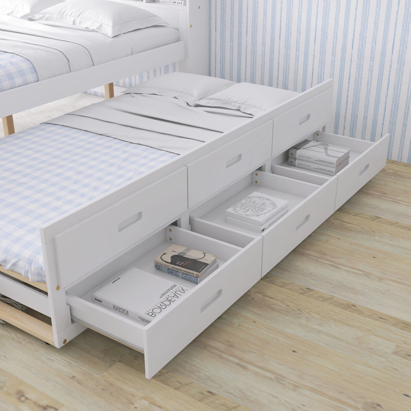 Lit plateforme avec tête de lit avec rangement, USB, lit gigogne et 3 tiroirs, Blanc, Lit double