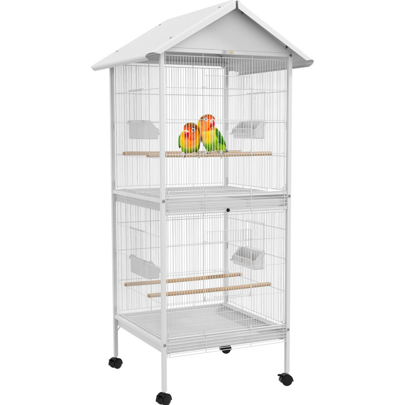 Cage à oiseaux 67 po en métal avec support roulant, blanc - Perchoirs intérieurs spacieux et portes de nourriture pour petits oiseaux.