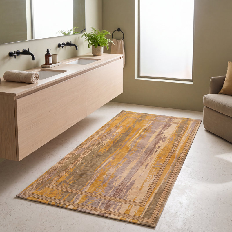 Tapis Carlisle moderne vieilli, uni doré, vert et gris, lavable à la machine, antidérapant, à poils courts, pour intérieur et extérieur, adapté aux animaux domestiques, idéal pour le salon, la chambre, la salle à manger, l'entrée, le corridor ou le bureau.