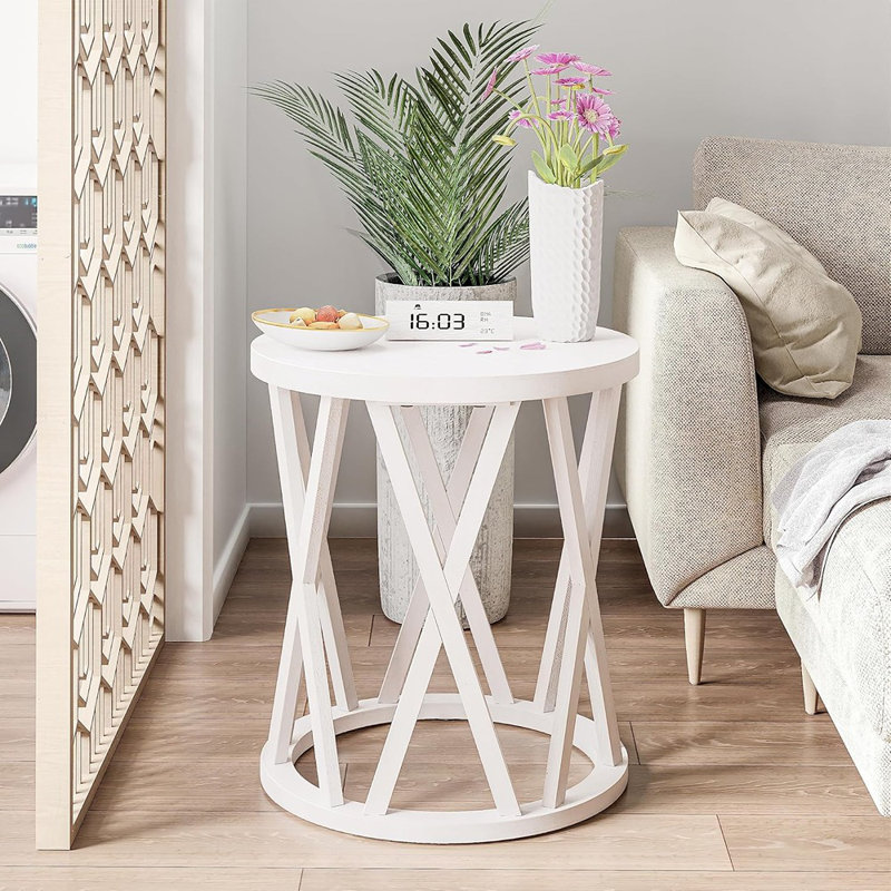 Table de bout rustique rustique avec pieds en X, plateau en bois, blanc antique