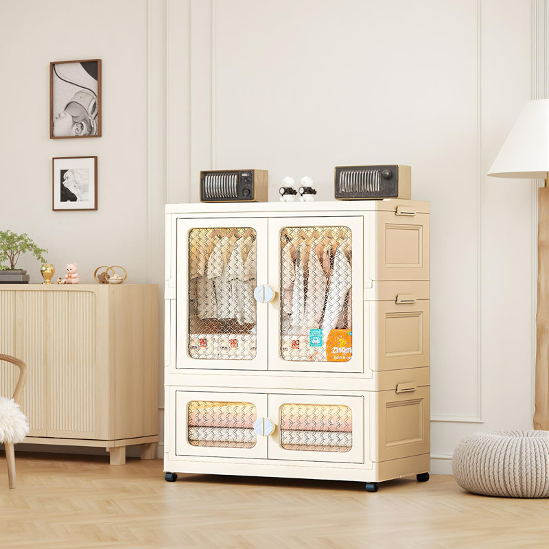 Armoire de rangement de garde-robe autoportante pliable en plastique avec portes transparentes pour vêtements