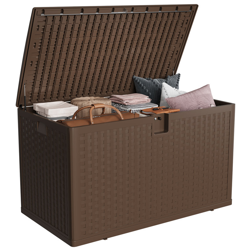 120 Gallon Waterproof Outdoor Storage Box, Lockable Plastic Deck Box for Pool & Garden Tools, Brown
