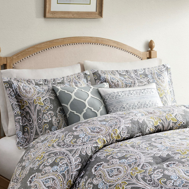 Housse de couette 5 pièces en coton gris pour grand lit avec taie décorative brodée pour coussins à volants