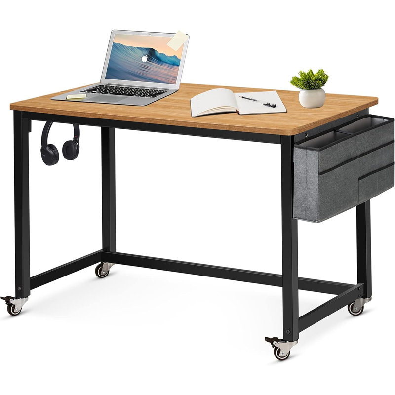 39" Rolling Computer Desk With 4 Smooth Wheels, Simple Style Mobile Writing Desk Home Office Study Table Movable Workstation With Metal Frame