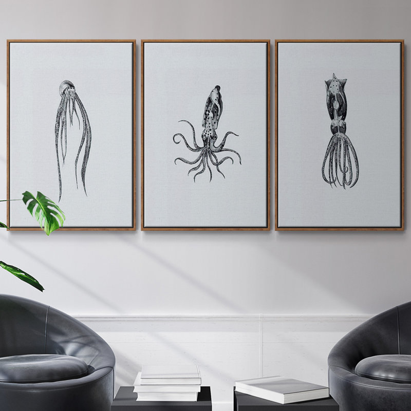 Marine Life, ensemble de 3 pièces encadrées sur toile, H 36 po x l 72 po x P 2 po, Cadre noyer