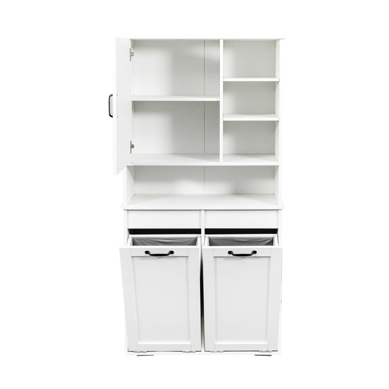 Armoire de buanderie avec panier inclinable - Portes, tablette, rangement multiple, autoportant, blanc, panier autoportant réglable