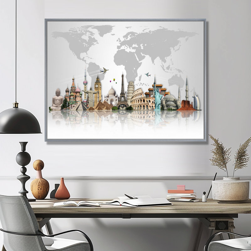 « Famous Monuments Across World », reproduction d'art graphique, Reproduction avec cadre flottant, H 34 po x l 44 po, Argent