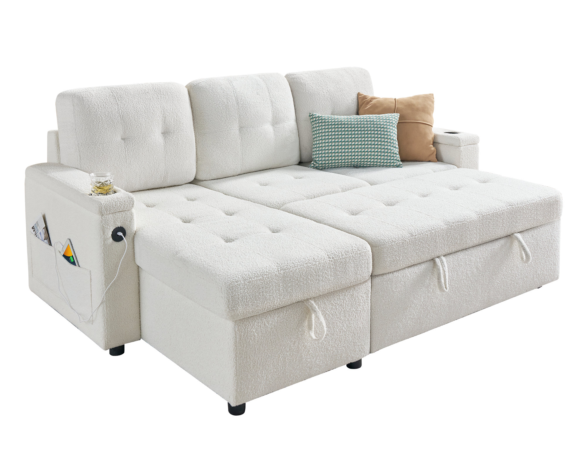Sleeper Sofa Bed, 84 Inch Pull Out Couch With 2 USB & Cup Holders, Tufted L Shape Convertible Sofa With Storage Chaise