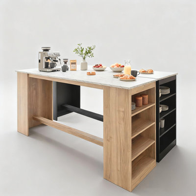 Nexus 59'' W Multi-Use Kitchen Island, Home Bar, & Bar Table with Adjustable Open Storage and Marble-Look Countertop 
