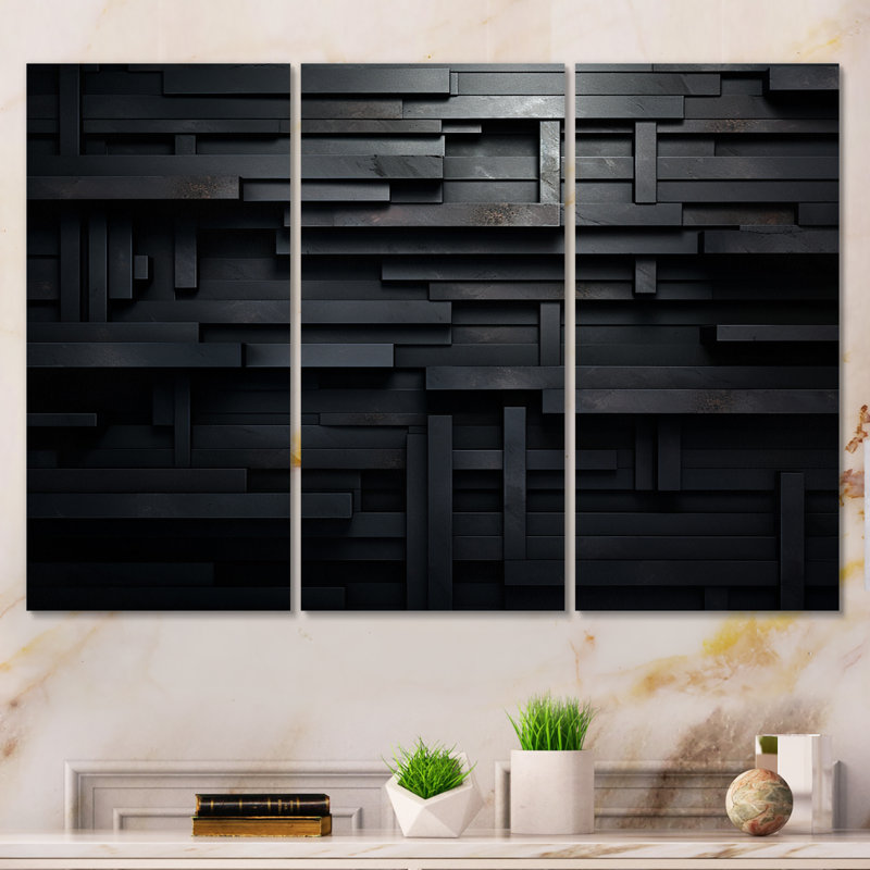 3D Black Brick Cube Dimensions V - Modern Geometric Wall Decor Set, 40" H x 60" W x 1" D