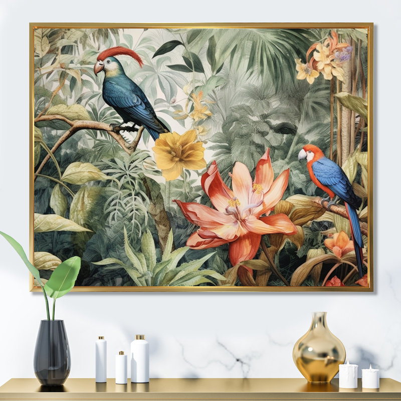 Perroquet au paradis II - Art encadré, H 24 po x l 32 po x P 1 po, Cadre flottant doré