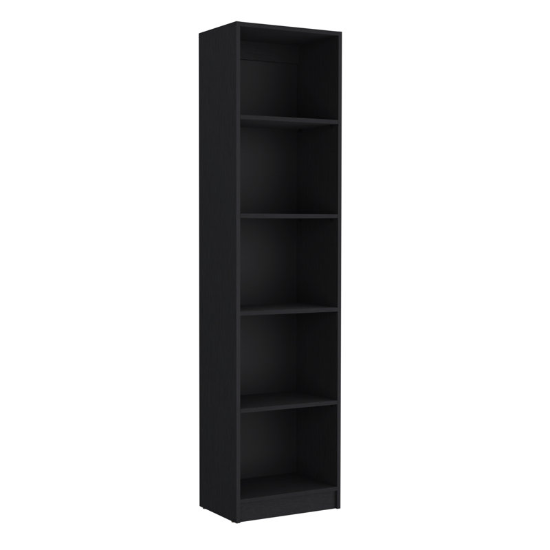 Bibliothèque mince noire à 5 tablettes pour un bureau et un panier de rangement organisé
