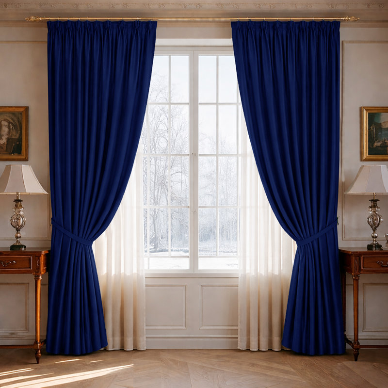 100% Polyester Blackout Pencil Pleat Room Darkening Curtains, Navy, 228cm Width x 228cm Drop