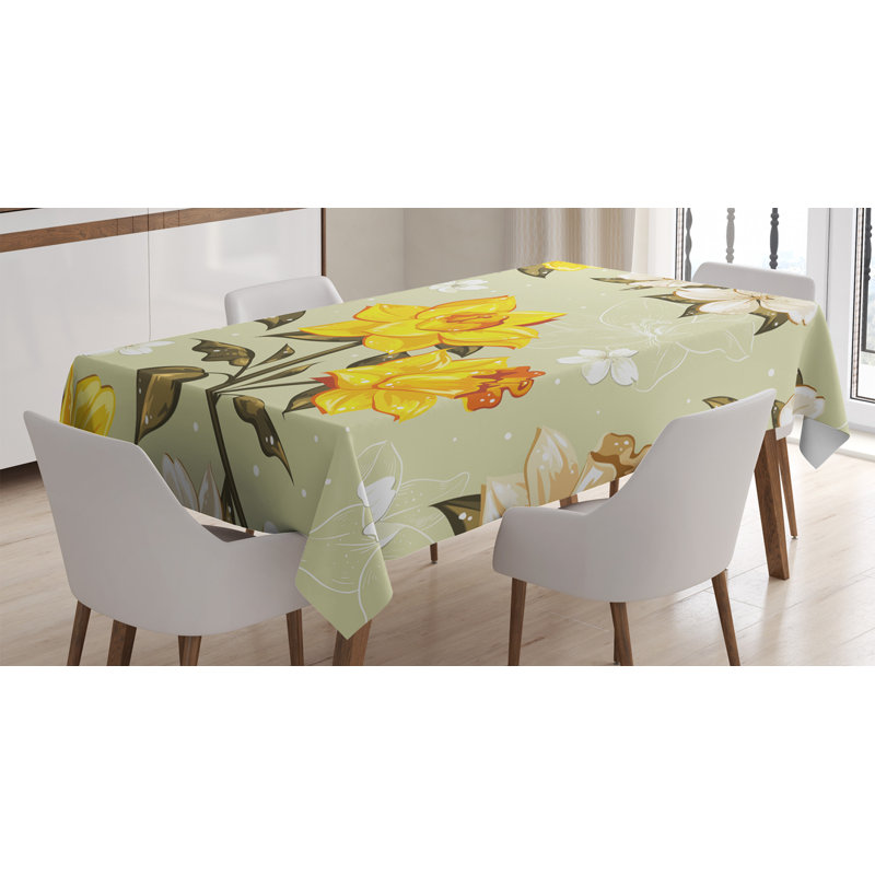 Nappe fleur ambesonne, motif à branche de narcissus florale à ressort avec des points et de la ligne, housse de table rectangulaire pour décoration de cuisine de salle à manger, 52 po x 70 po, jaune kaki crème