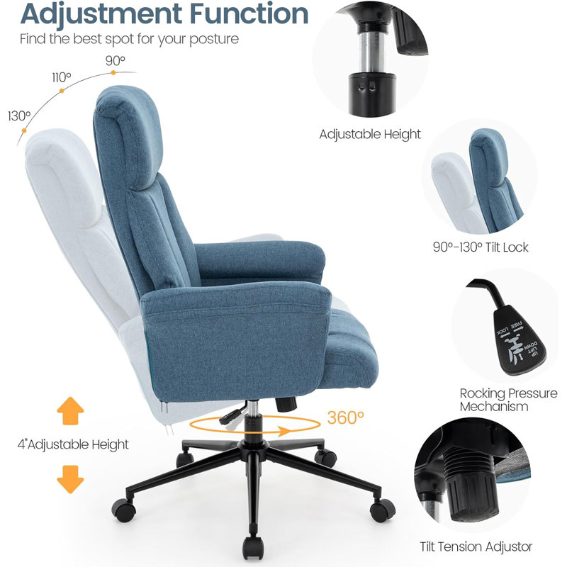 Chaise de bureau en lin avec design ergonomique, chaise à hauteur réglable