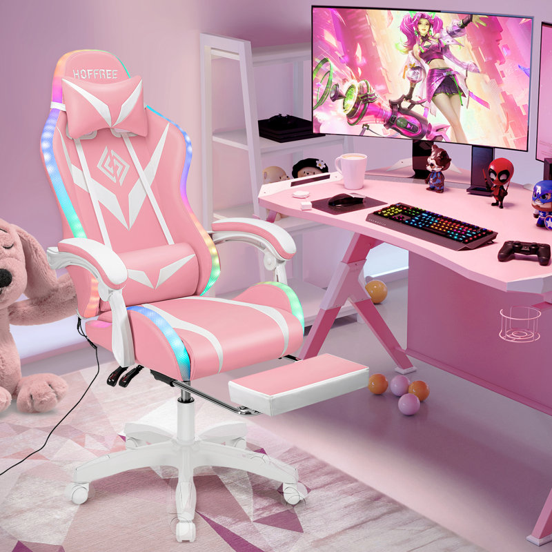 Ergonomic  LED Gaming Chair with Massage Lumbar Pillow, Pink