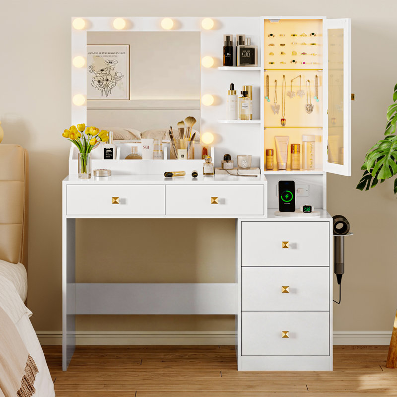39" W Modern Makeup Vanity with LED Lighted Mirror, 5 Drawers, Power Outlet & Hidden Jewelry Organizer for Bedroom, White
