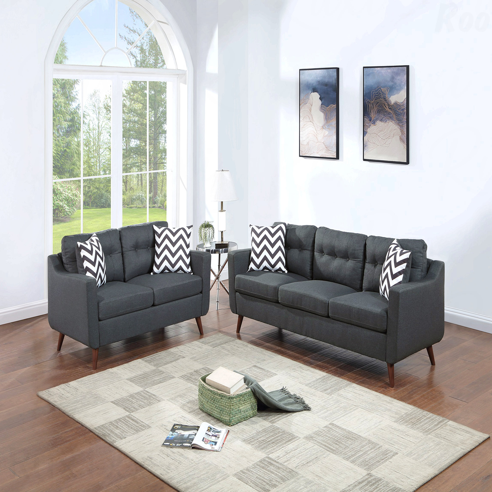 Latitude Run® Black Polyfiber Modern 2-Piece Sofa Set - Sofa & Loveseat ...