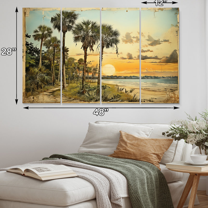 «Vintage Florida Collage Palm Trees and Beach V on Canvas», reproduction de 4 pièces