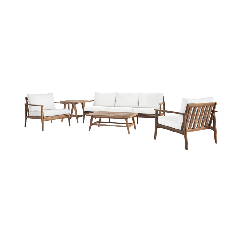Lyon 5-Piece Solid Acacia Wood Outdoor Set With Sofa, 2 Chairs, Coffee & End Table, Natural