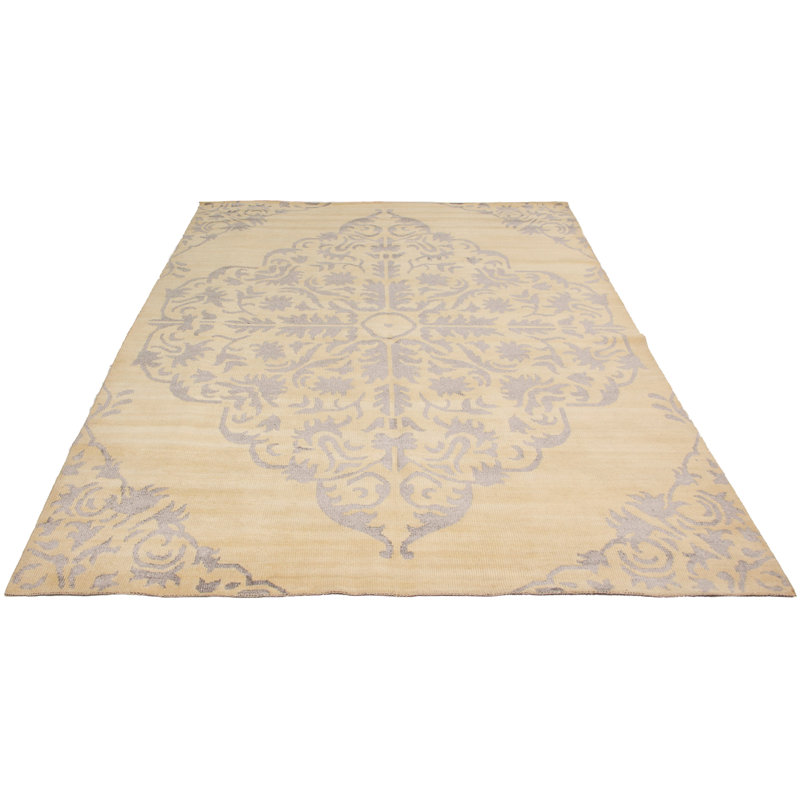 Tapis ivoire en laine noué à la main de style des années 2010 et de conception unique 9 pi 1 po x 12 pi 9 po Quantas