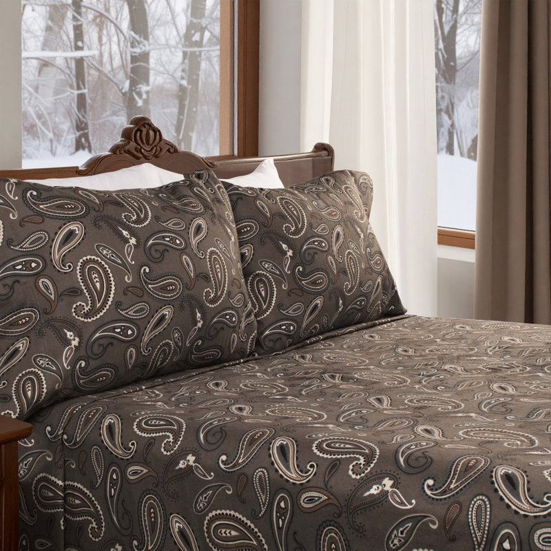 Blue Nile Mills Paisley 100% Cotton Flannel Deep Pocket Sheet Set, Charcoal, Full Sheet Set with 2 Pillowcases