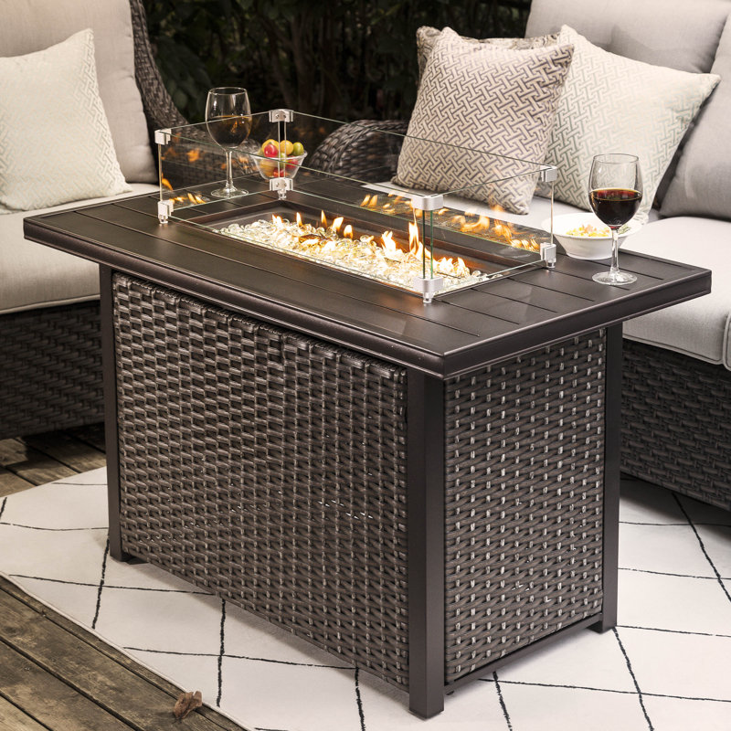 Outdoor 43-inch 50,000 BTU Propane Gas Fire Pit Table, Aluminum Tabletop and PE Rattan Weaved Iron Frame, Water-proof Oxford Cover, Glass Fire Pit Wind Guard, Glass Beads, Lid Included, Dark Brown & Coffee Color