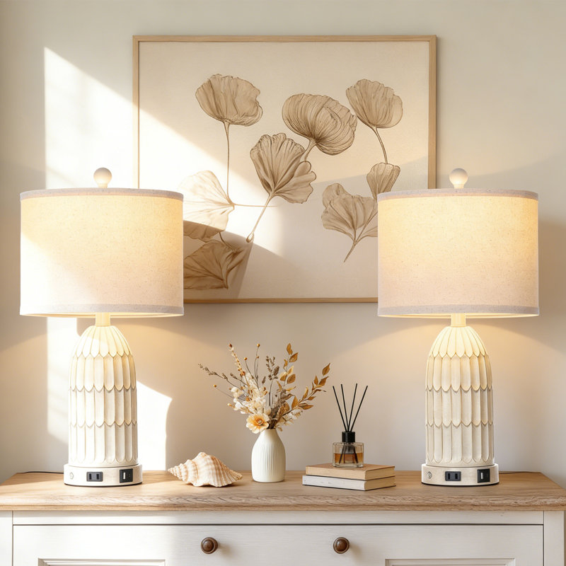 22" Coastal Textured Touch Control Table Lamps with Dual USB Ports and Bulbs, White