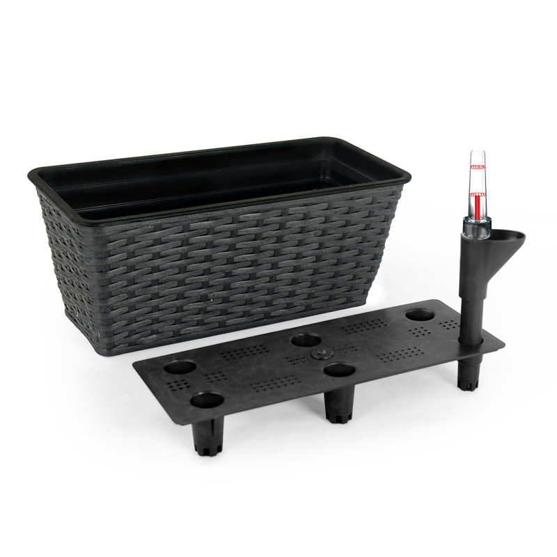 Lot de 2 pots rectangulaires intelligents à arrosage automatique, 59 cm L x 18 cm l x 16 cm H, plastique et rotin, ensemble de 2 pièces, pot rectangulaire, espresso, osier tressé à la main avec système d'arrosage automatique
